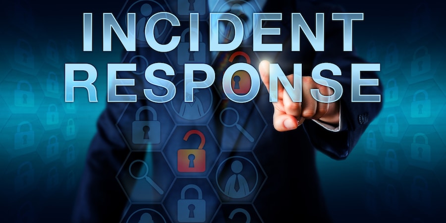 Incident coordinator is pressing INCIDENT RESPONSE on a touch screen interface. Business metaphor and information technology concept for a planned reaction to a security breach or network intrusion.