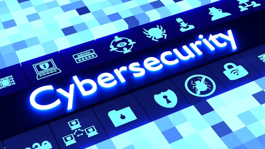 Cubed background in different sizes and blue colors aligning to a row of glowing information security icons surrounding the word cybersecurity 3D illustration