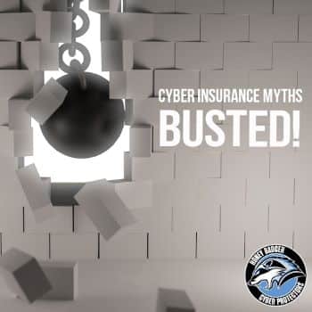 A wrecking ball busting through a wall made of white blocks. The words "Cyber Insurance Myths BUSTED!" are superimposed on the image, as well as the Reclamere logo