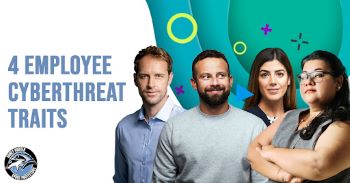 The text "4 Employee Cyberthreat Traits" is shown beside an image of a group of four people, each with a different expression on their face.